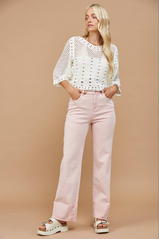 Straight Pink Leg Cuffed Jeans