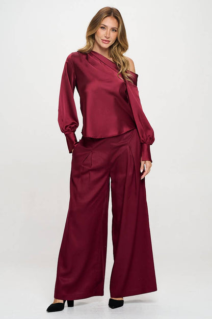 Dropped Shoulder Long Sleeve Satin Top