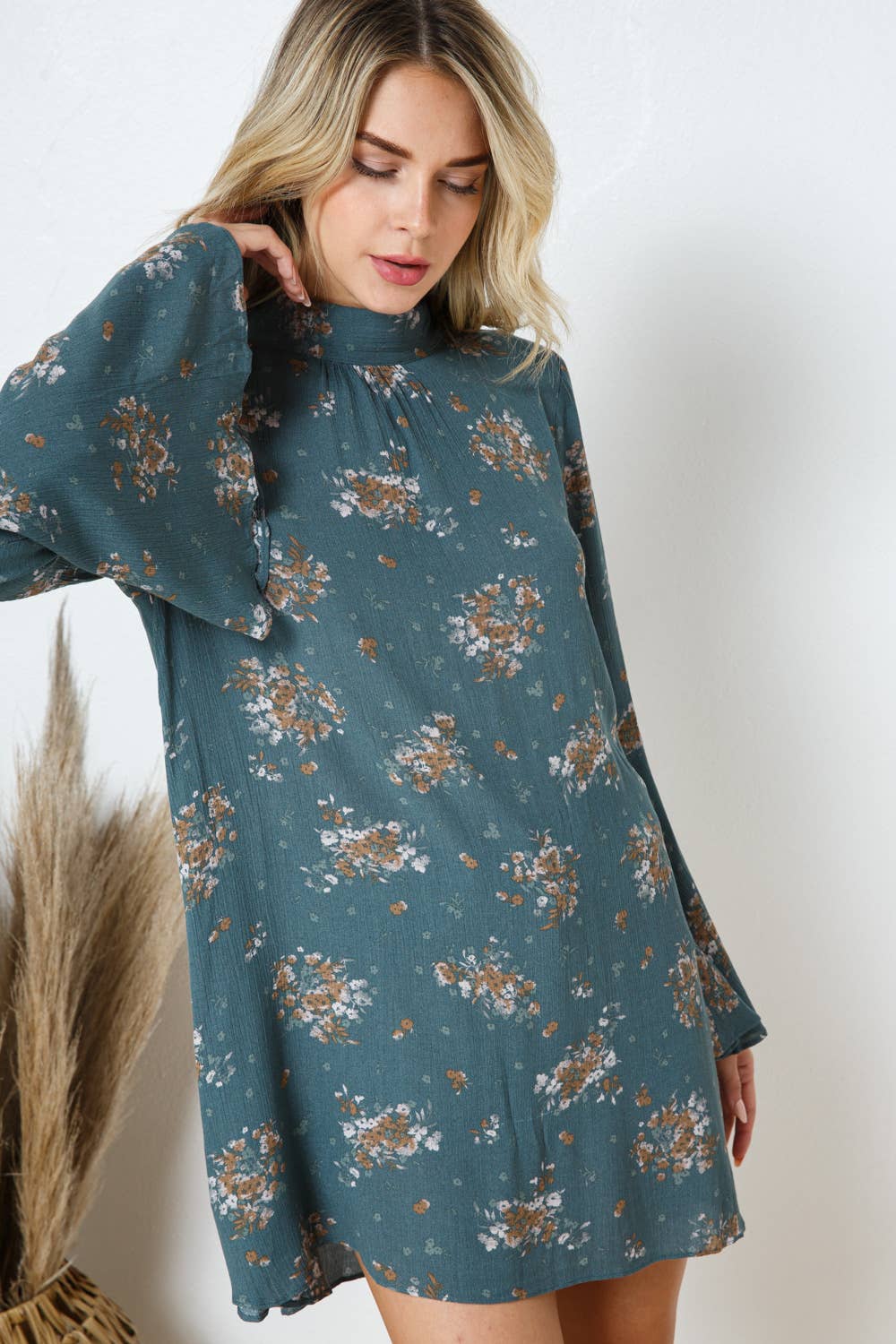 Floral Bell Mock Neck Back Open Tie Neck Mini Dress