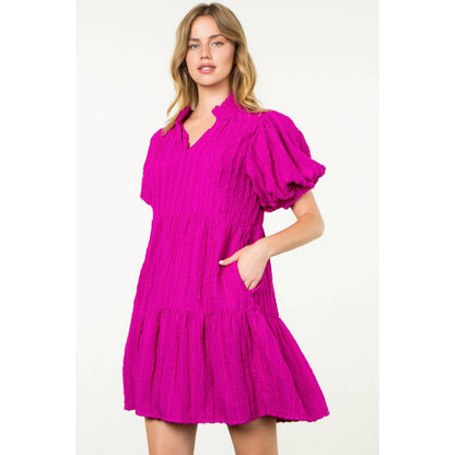 Tiered Puff Sleeve Textured Dress