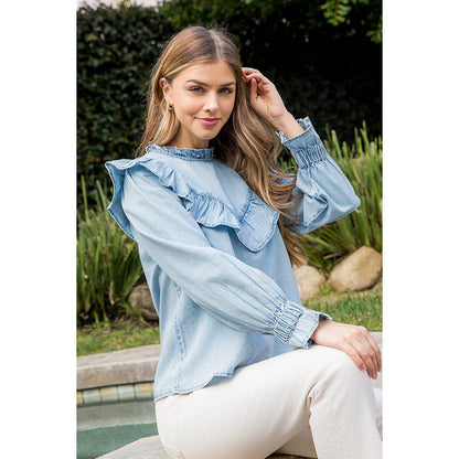 Long Sleeve Ruffle Denim Top