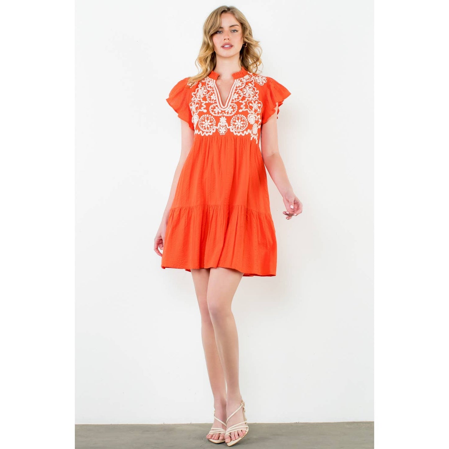 Embroidered Flutter Sleeve Mini Dress