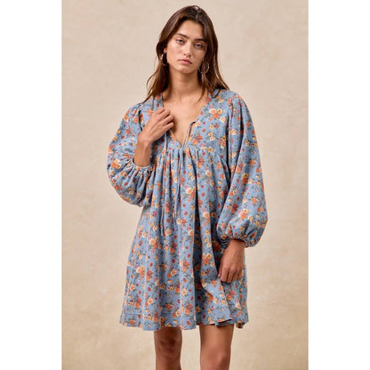 Washed Floral Denim Front Tied Dress