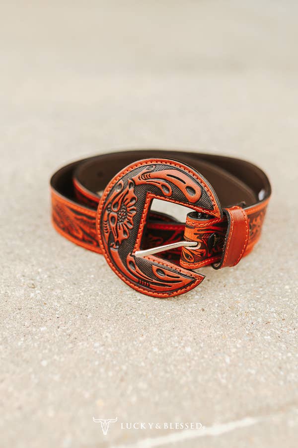 Lucky & Blessed Floral Red & Black Tooled Leather Belt