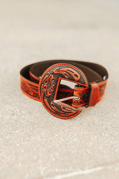 Lucky & Blessed Floral Red & Black Tooled Leather Belt
