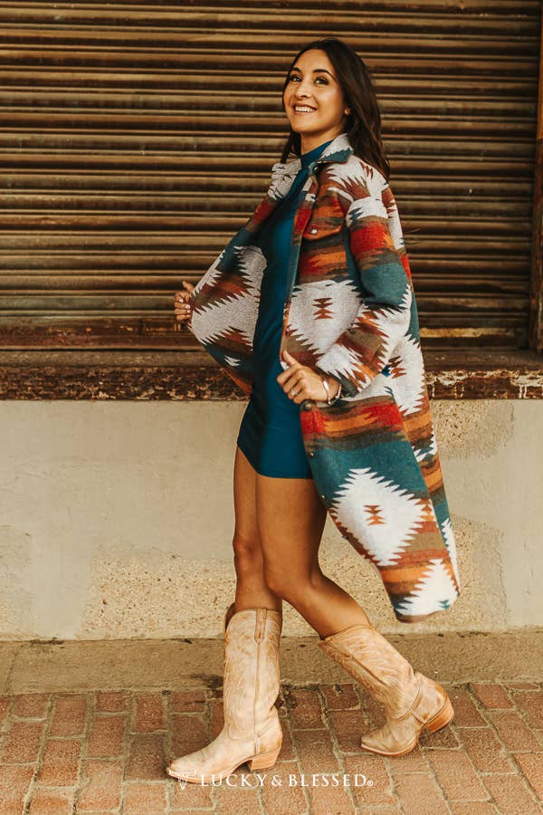 Plus Size Blue Teal Aztec Button Down Coat
