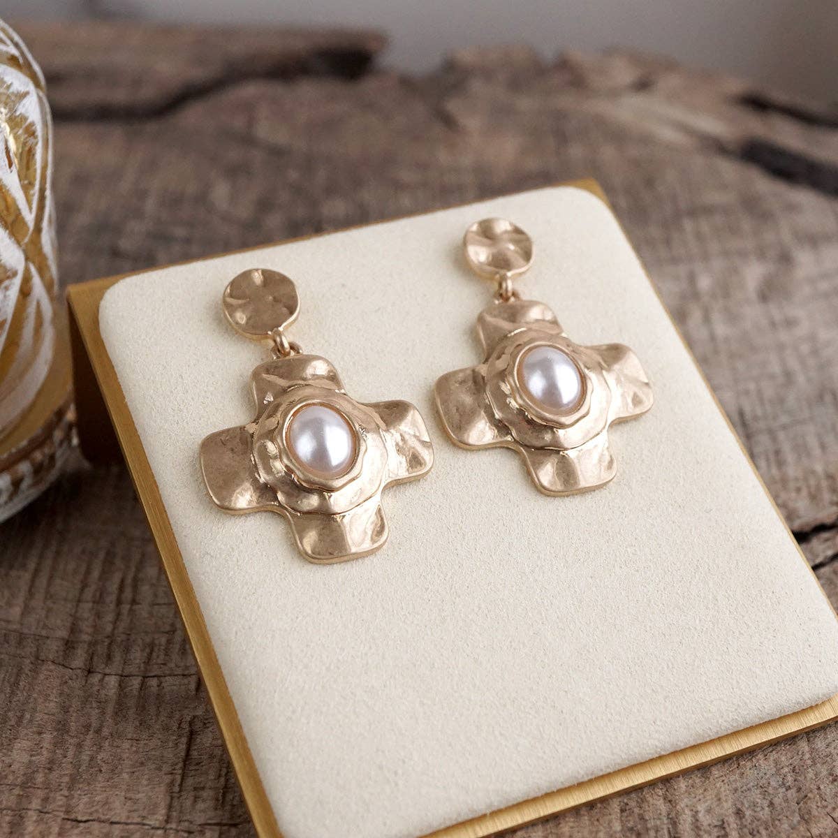 PennyLine Inc. Sunlit Cross – Hammered Cabochon Earrings