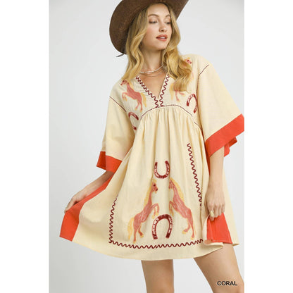 Western Horse Embroidered V Neck Babydoll Dress