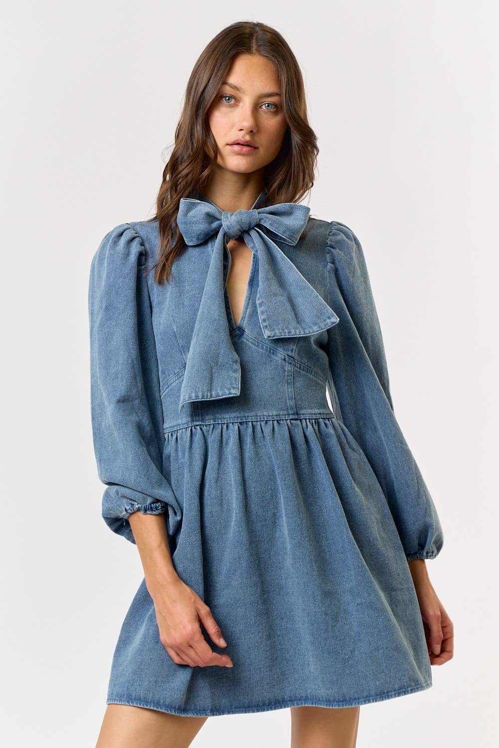 Bow Neck Tie Smocked Back Denim Babydoll Dress
