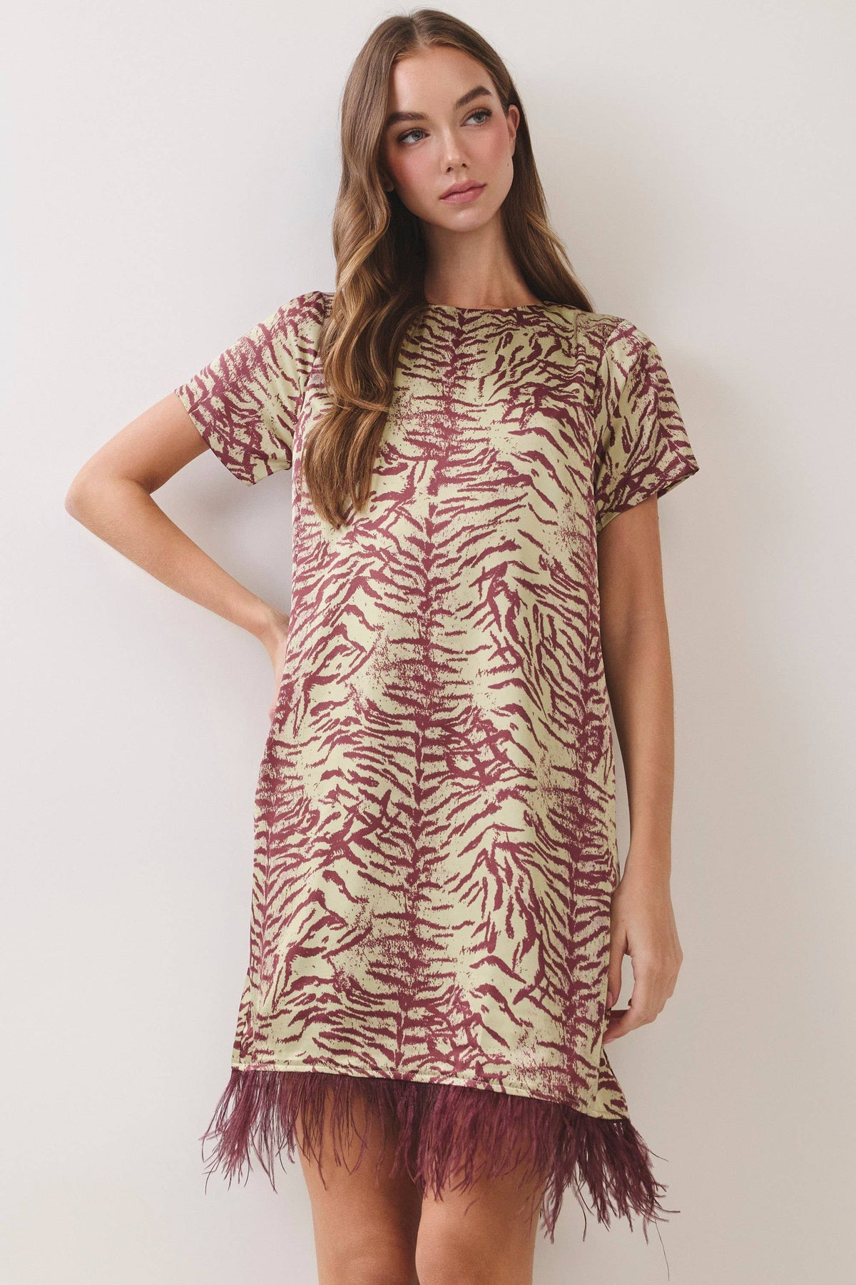 TCEC Feather Trim Printed Shift Dress