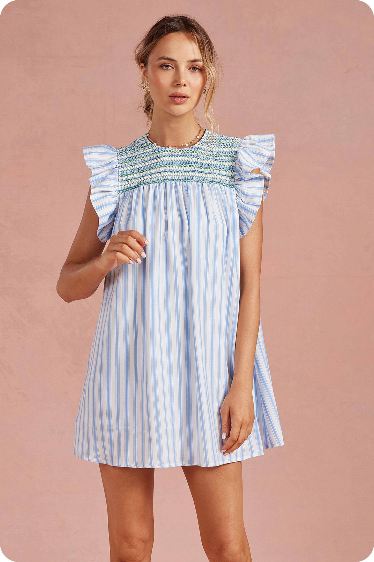 Stripe Color Smocking Detail Mini Dress