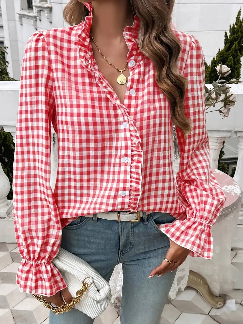 Ruffled Shirt Long-sleeve Plaid Blouse