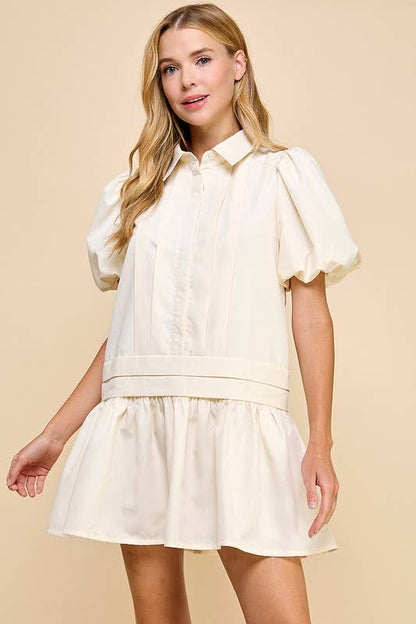 Pleat Detail Puff Sleeves Shirt Dress