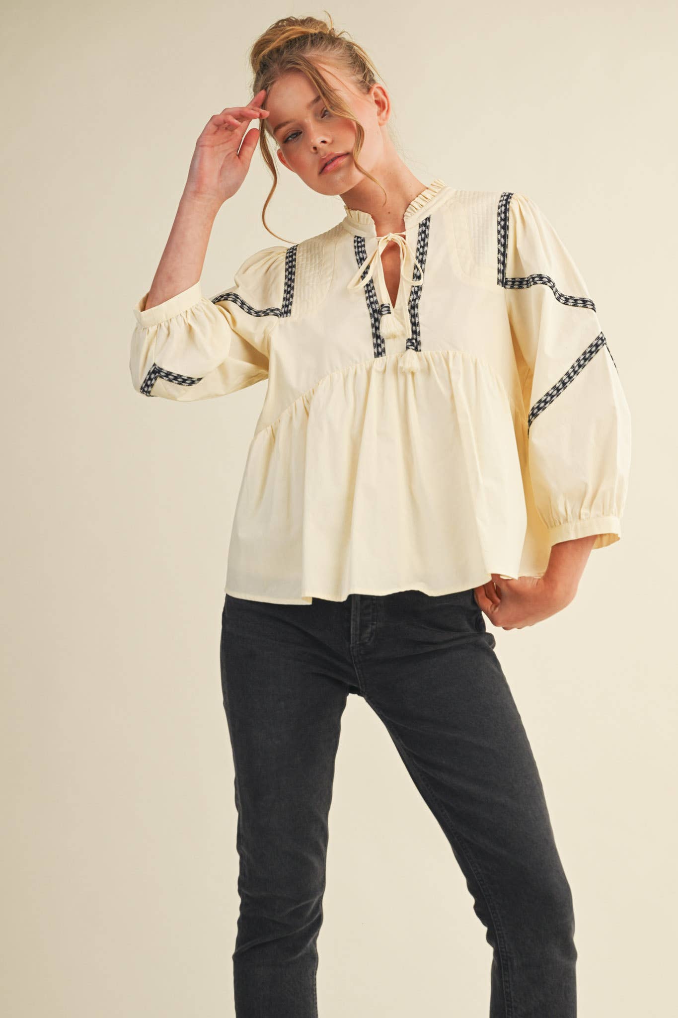 Embroidery Trim Babydoll Blouse