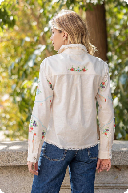 Flower Embroidery Long Sleeve Linen Shirt