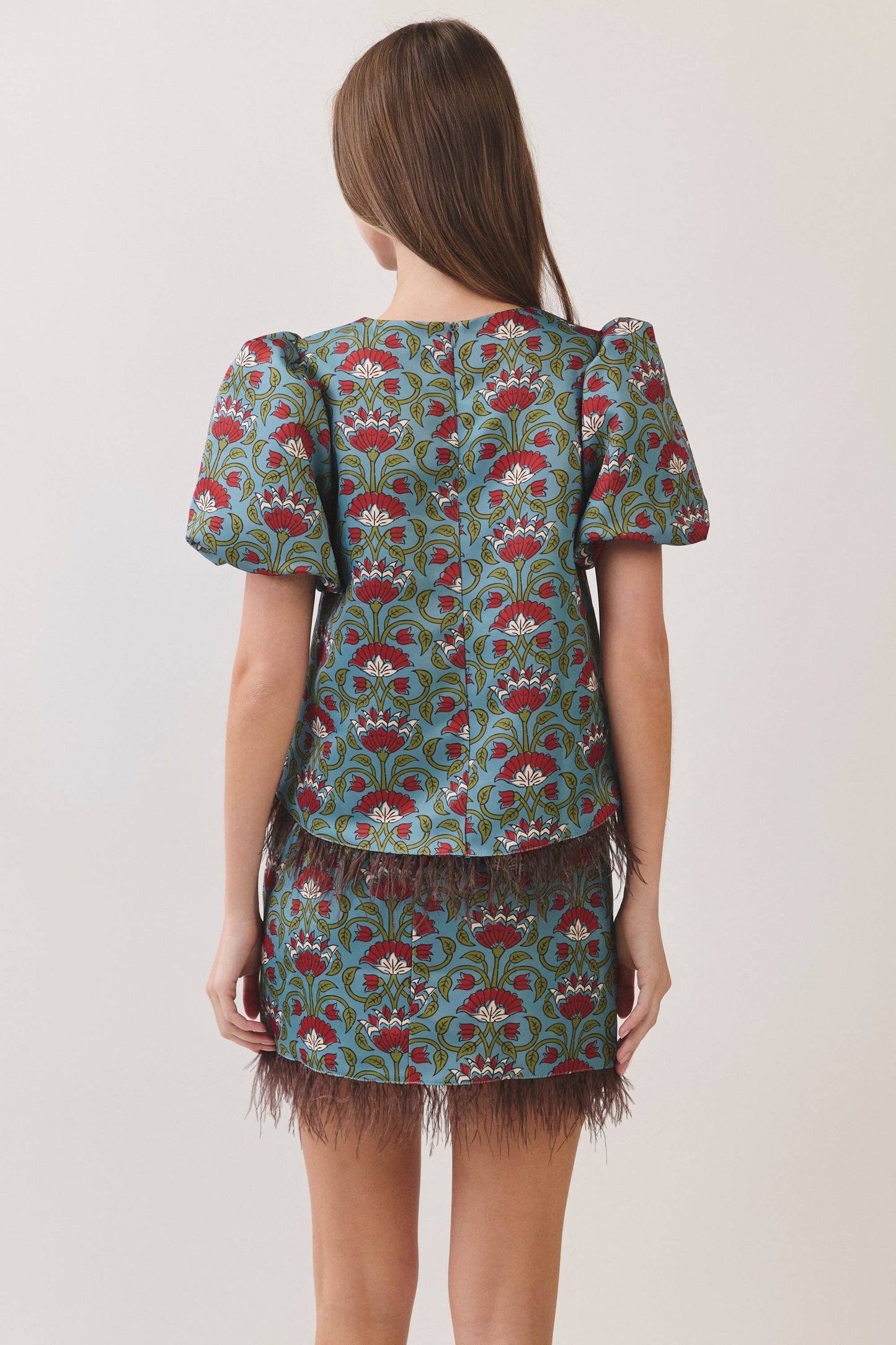 TCEC Floral Print Feather Trim Top