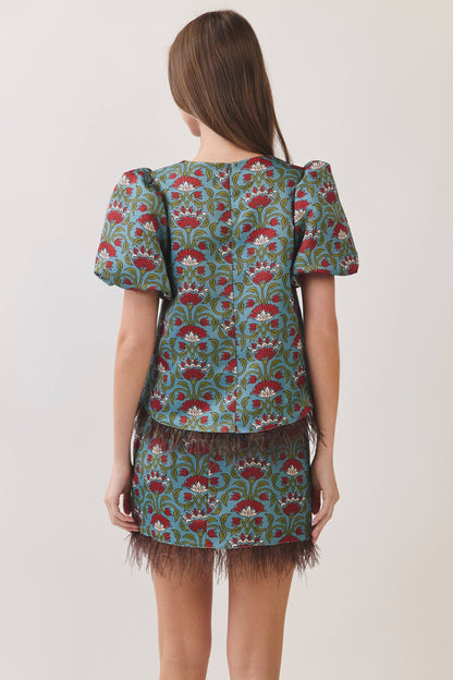 TCEC Floral Print Feather Trim Top