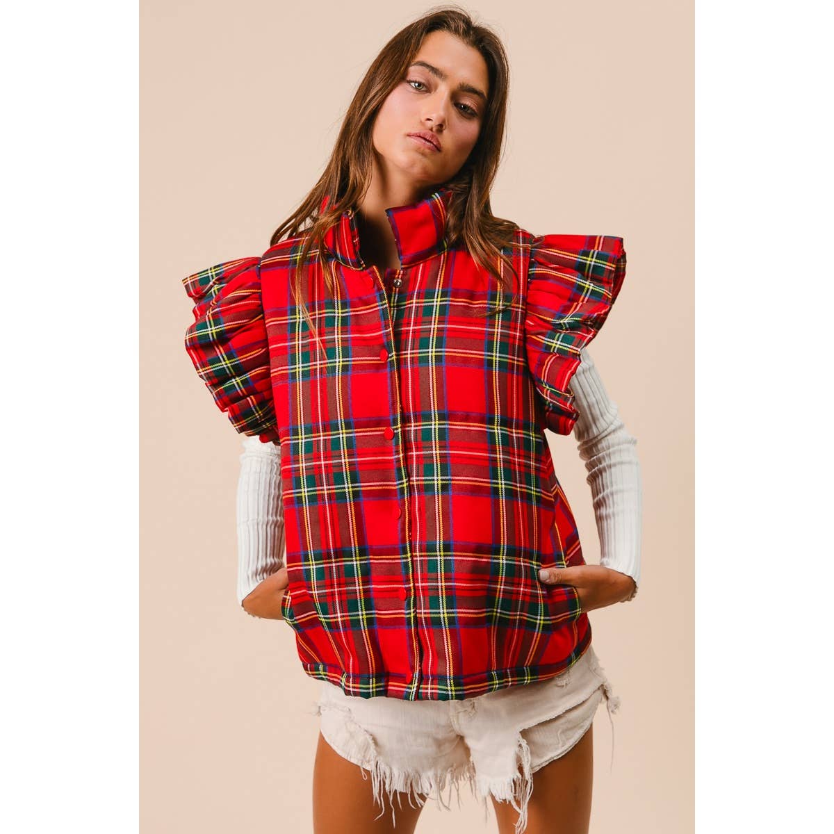 CHRISTMAS PLAID RUFFLE VEST