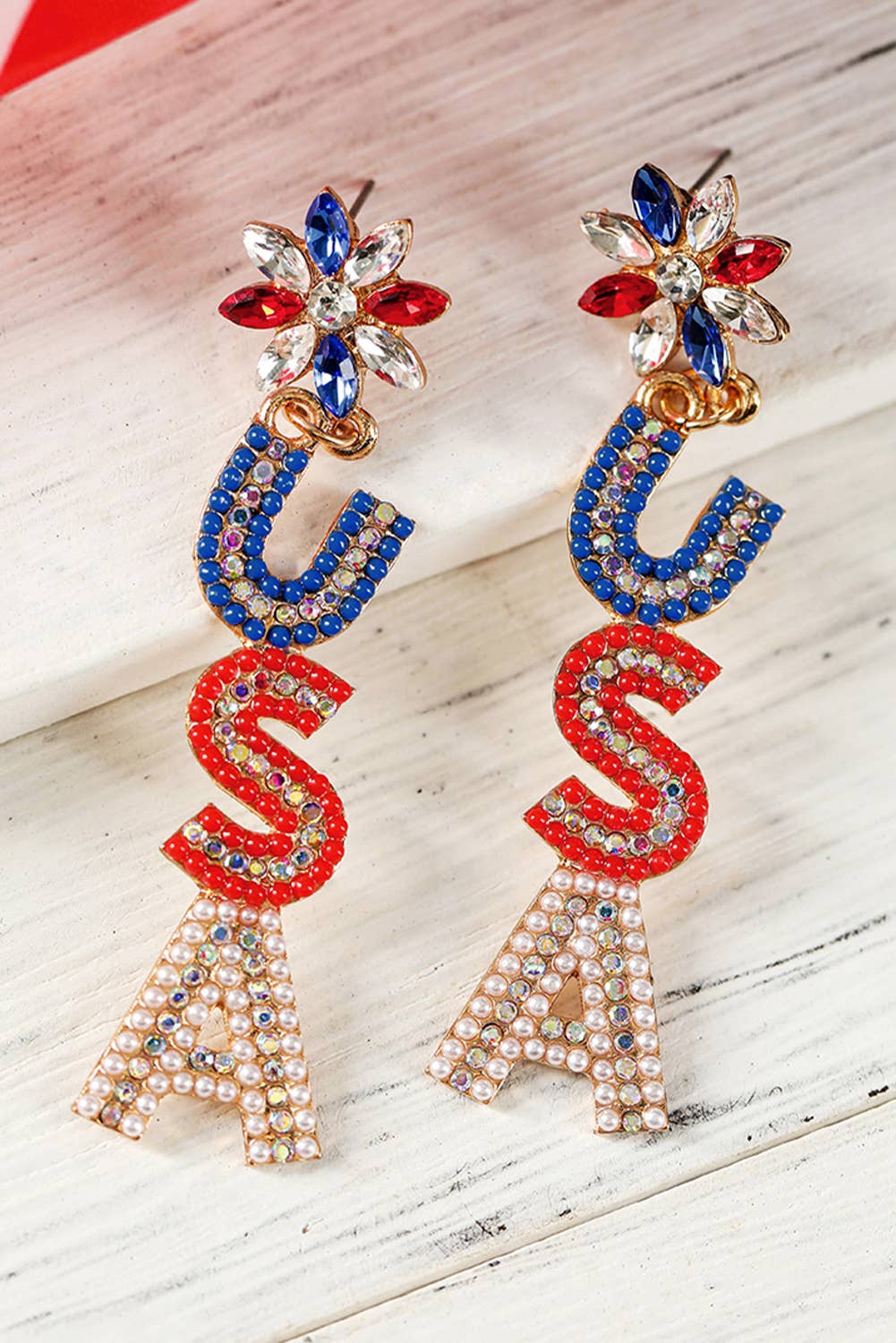 Beaded Rhinestone USA Earrings