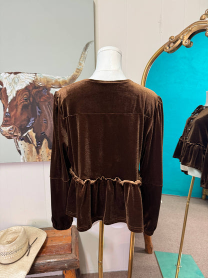 Brown Velvet Long Sleeve Peplum Top