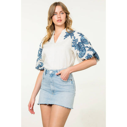 Embroidered Puff Sleeve V-Neck Top