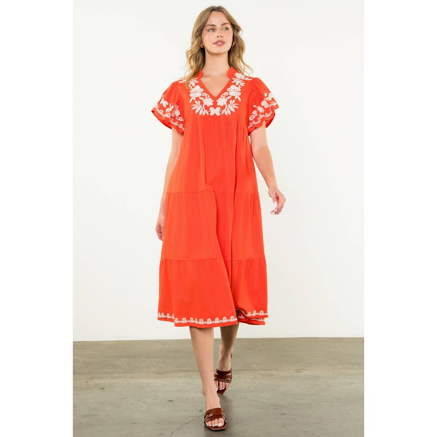 Flutter Sleeve Embroidered Dress