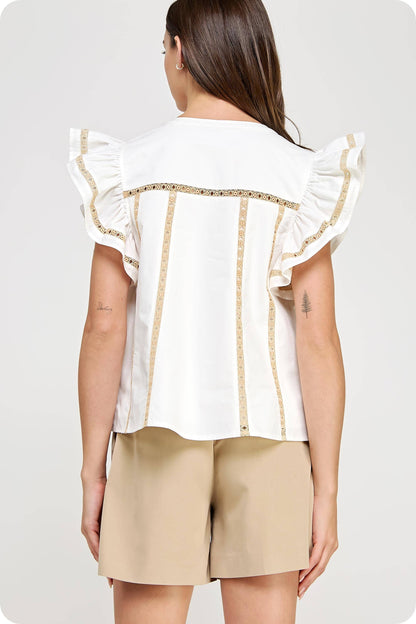 Lace Trim Flutter Ruffle Sleeve Poplin Top
