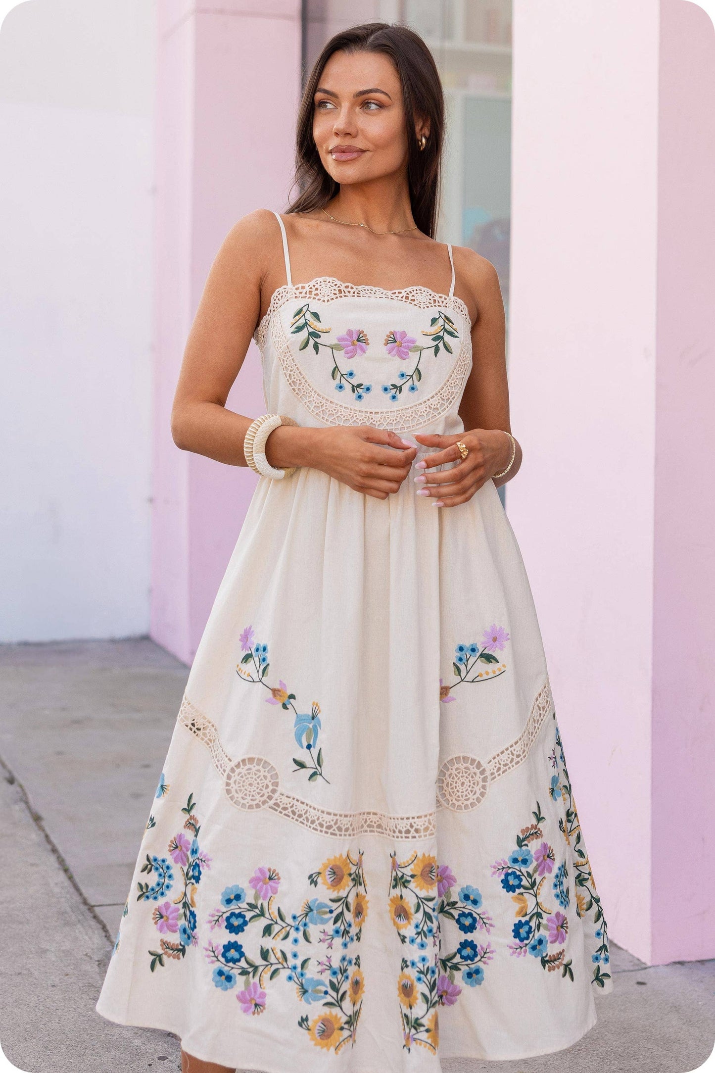 Embroidered Floral Lace Detail Midi Dress