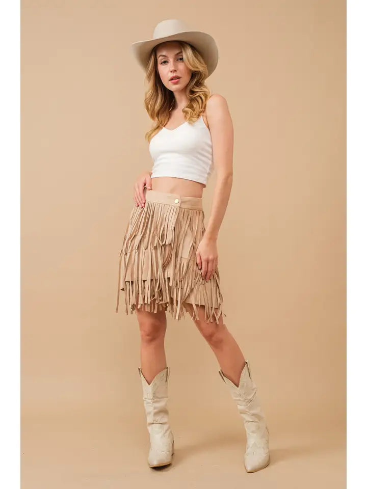 Faux Suede Fringe Skirt Beige