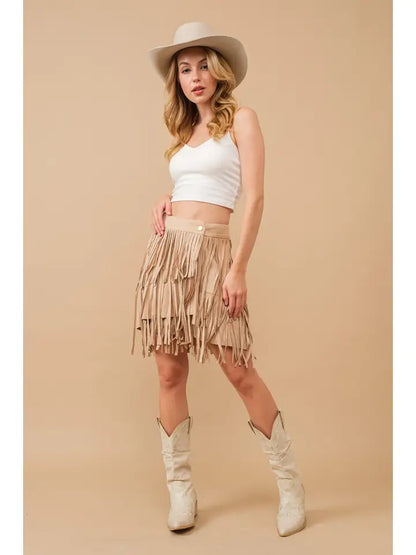 Faux Suede Fringe Skirt Beige