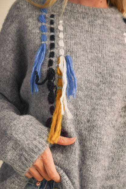 &MERCI Hand Stitched Fringe Accent Sweater