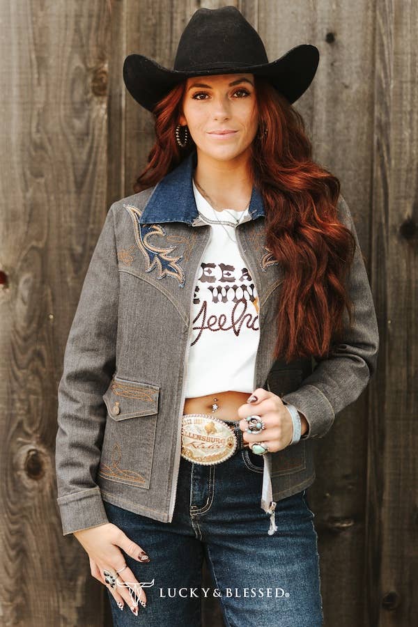 LUCKY & BLESSED Embroidered Western Jacket with Denim Collar