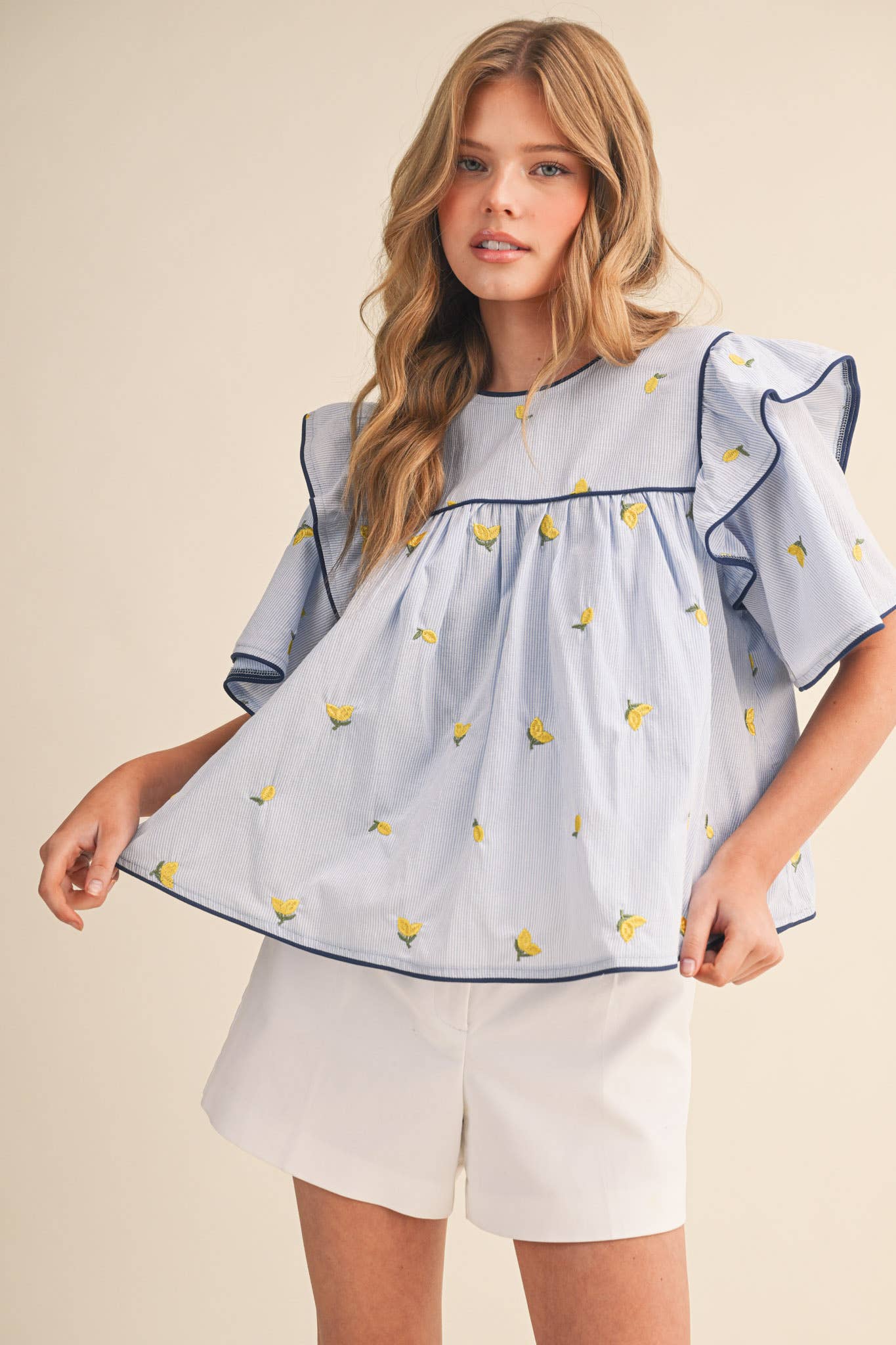 Lemon Embroidery Contrast Piping Top
