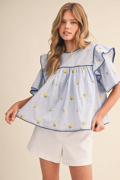 Lemon Embroidery Contrast Piping Top