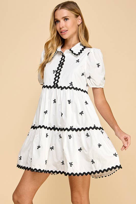 Embroidered Bow Printed Shirt Dress
