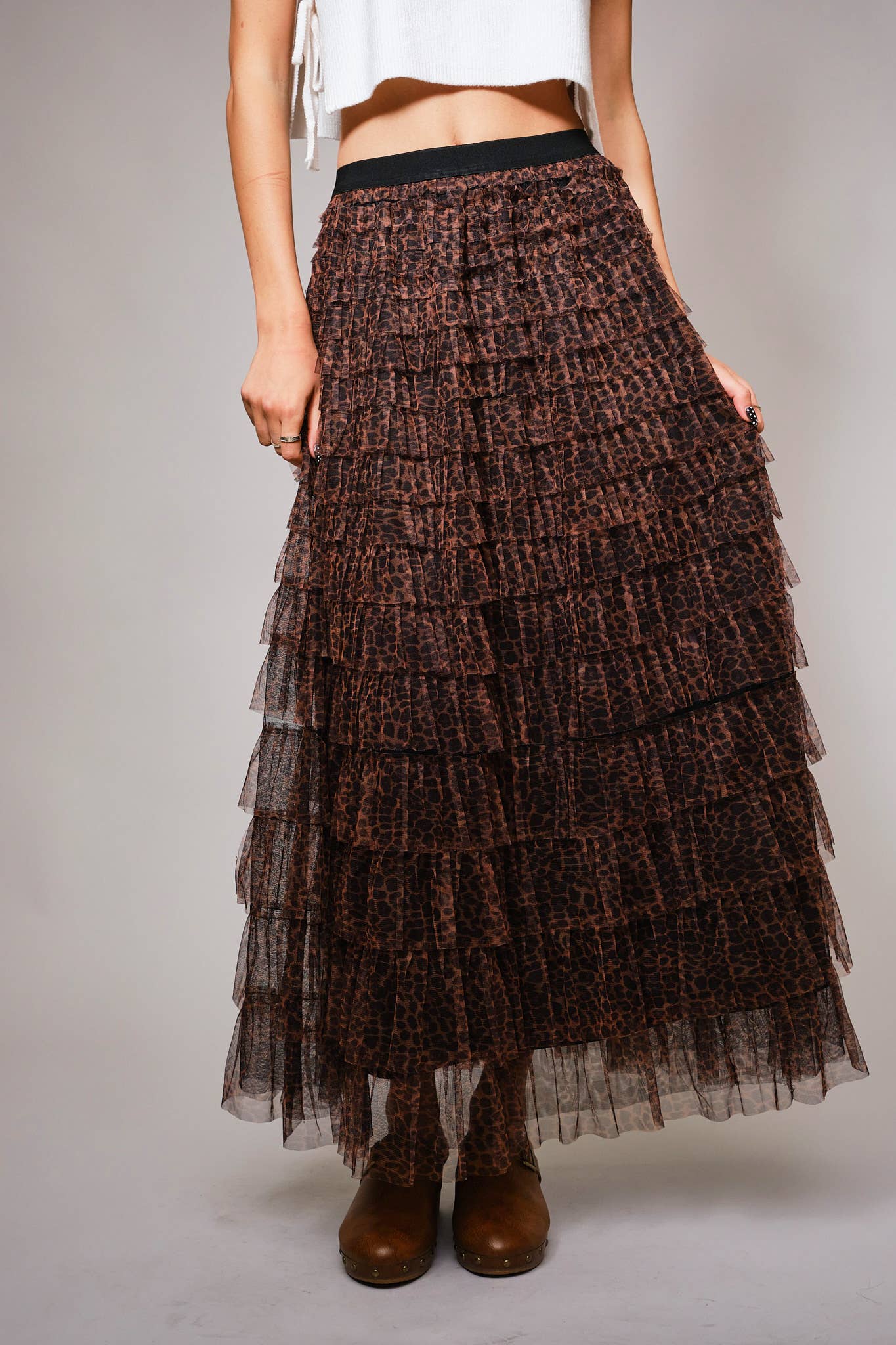 High Waist Elastic Tiered Ruffle A-Line Maxi Skirt