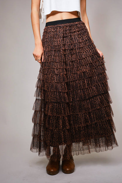 High Waist Elastic Tiered Ruffle A-Line Maxi Skirt