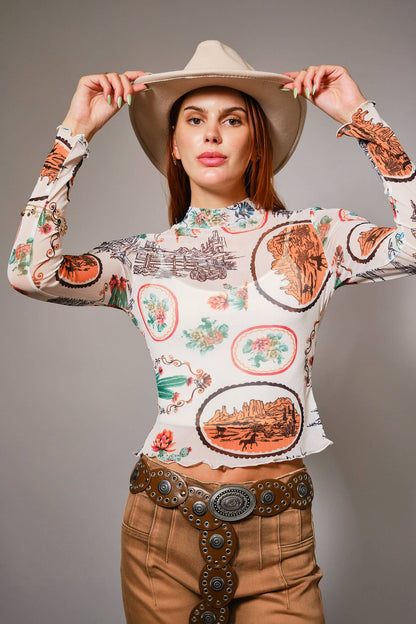 Western Motif Mesh Mock Neck Top