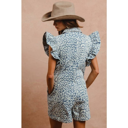 LEOPARD PRINT DENIM RUFFLE SLEEVES ROMPER