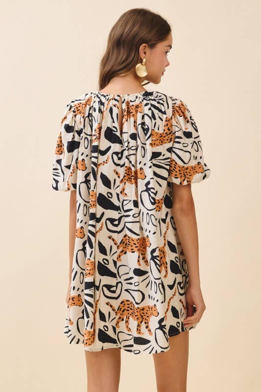 Leopard Print Gathered Round Neck Mini Dress