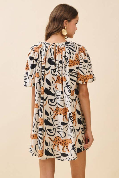Leopard Print Gathered Round Neck Mini Dress