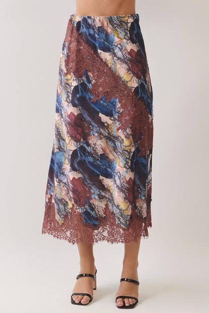 TCEC Abstract Print Lace Trim Midi Skirt