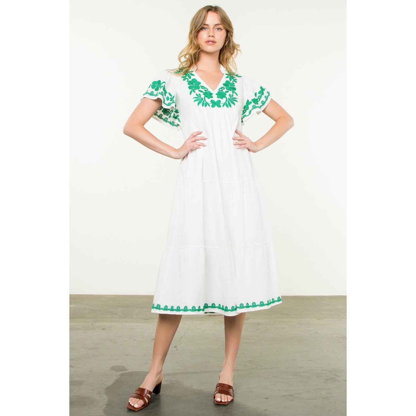 Flutter Sleeve Embroidered Dress