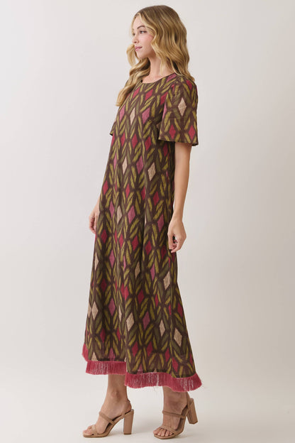 TCEC Geometric Fringe Hem Maxi Dress