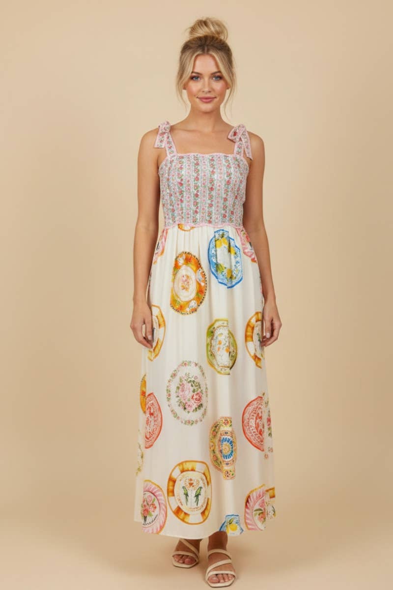 Majolica Plate Print Maxi Dress