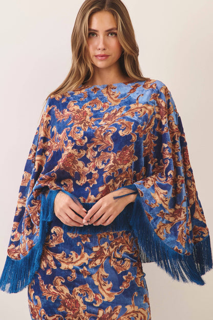 TCEC Ornate Floral Print Fringe Trim Poncho