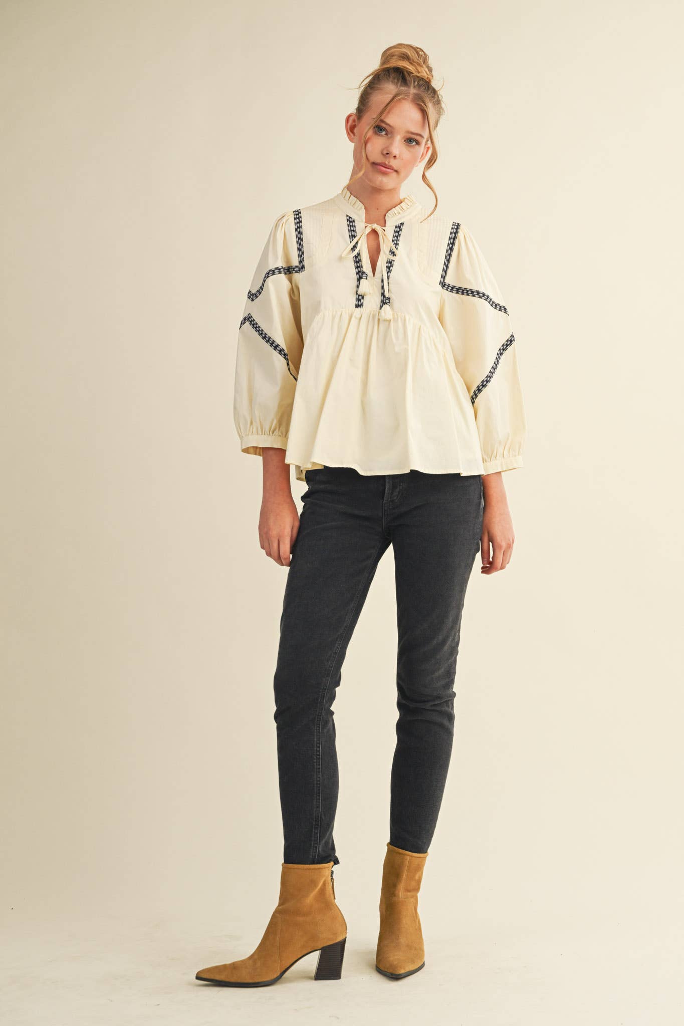 Embroidery Trim Babydoll Blouse