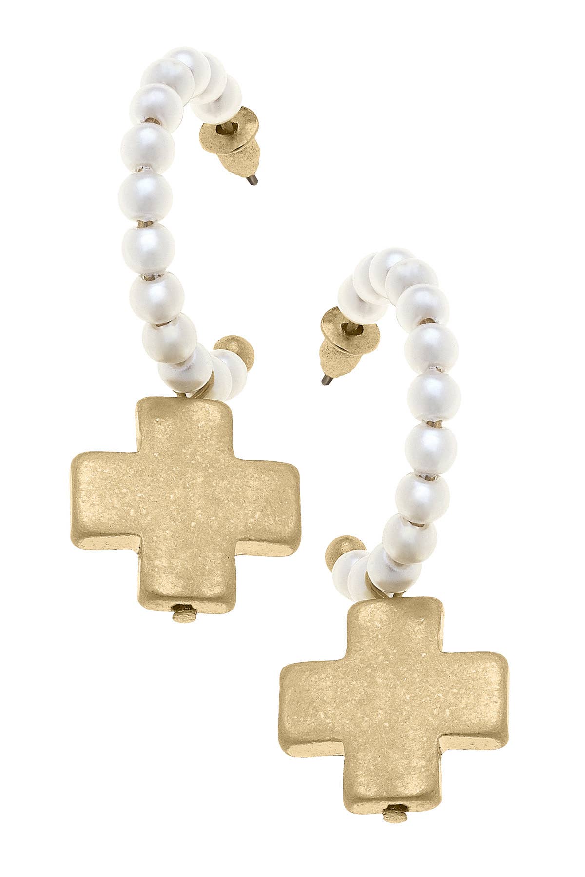 Canvas Style Edith Pearl Hoop Square Cross Drop Earrings in Worn Gold