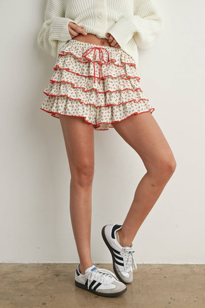 Cherry Print Layered Ruffled Mini Skort