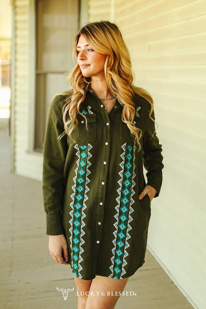 Olive Embroidered Long Sleeve Shirt Dress